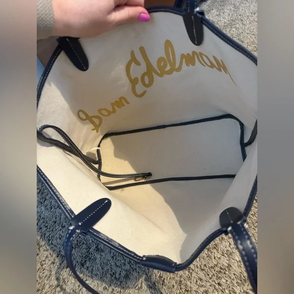 Sam Edelman Harper Monogram Medium Shopper Tote bag in navy blue coated canvas. - Picture 3 of 6